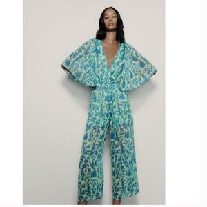Zara Green Blue V-neck Jumpsuit Wide Leg Size S